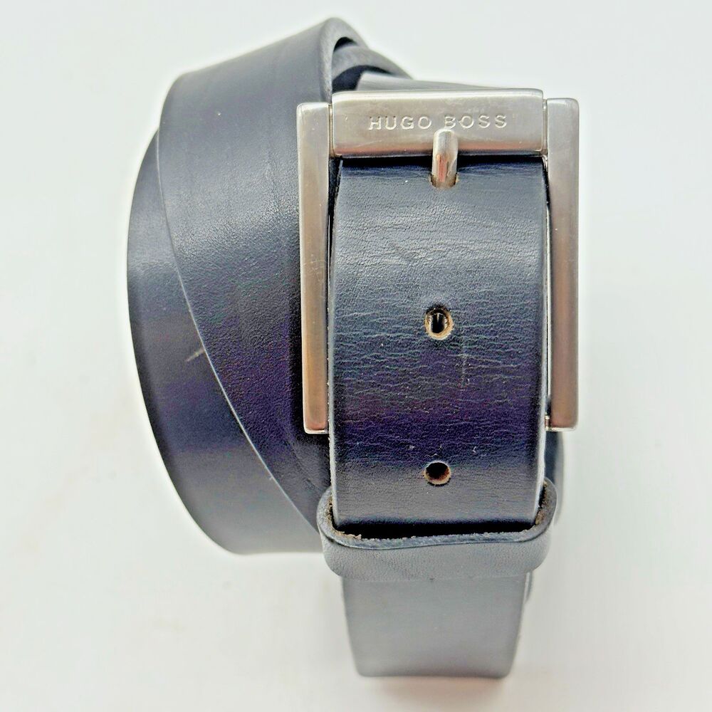 Hugo Boss Black Cow Leather Belt Men's 38 Engraved HB Silver Tone Buckle 5128 - Picture 3 of 14